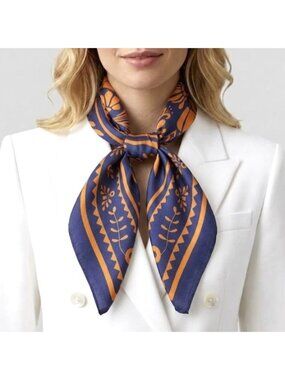 ⭐Luxury Floral Botanical Geometric Blue Orange Silky Soft Square Scarf Bandana